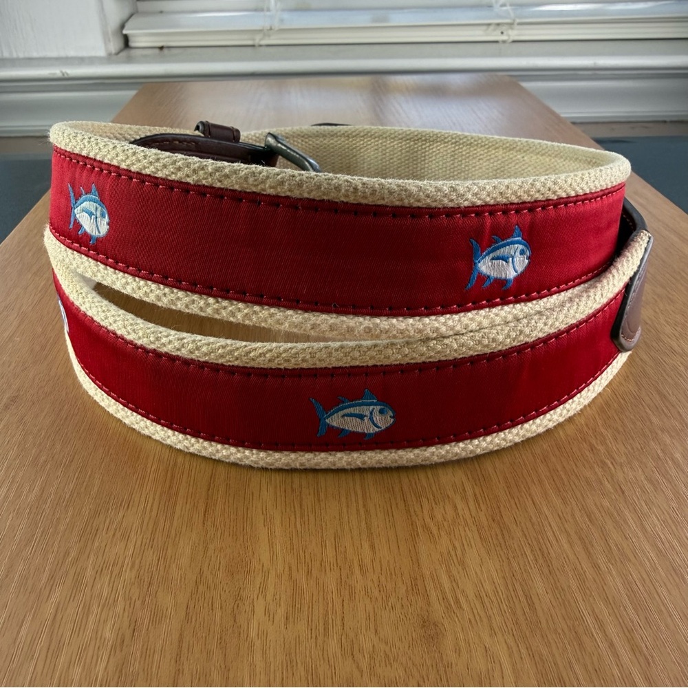 Southern Tide Red and Cream Embroidered Fish Canvas Belt